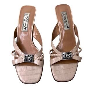 Brighton Y2K Kayla Leather Slide Sandals Moc Croc Strappy Beige 1" Heel W's 7.5M